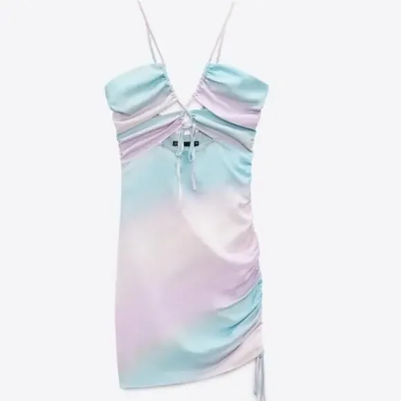 ZARA Tie Dye Satin Effect Mini Dress Drawstring & Cutouts Large - Picture 3 of 10